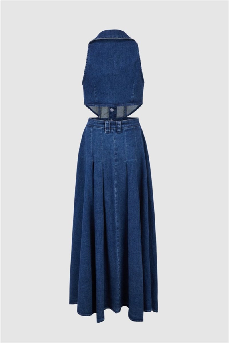 Denim Collar Side Cut Out Ornate Button Slit Midi Dress