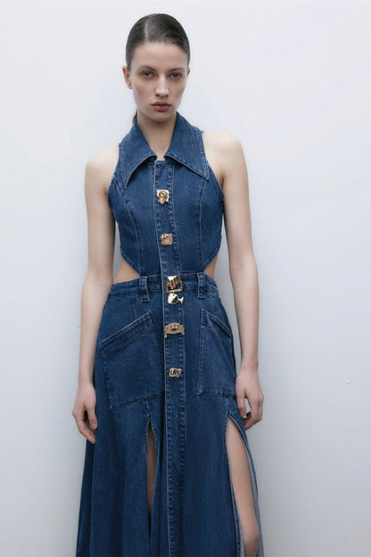 Denim Collar Side Cut Out Ornate Button Slit Midi Dress