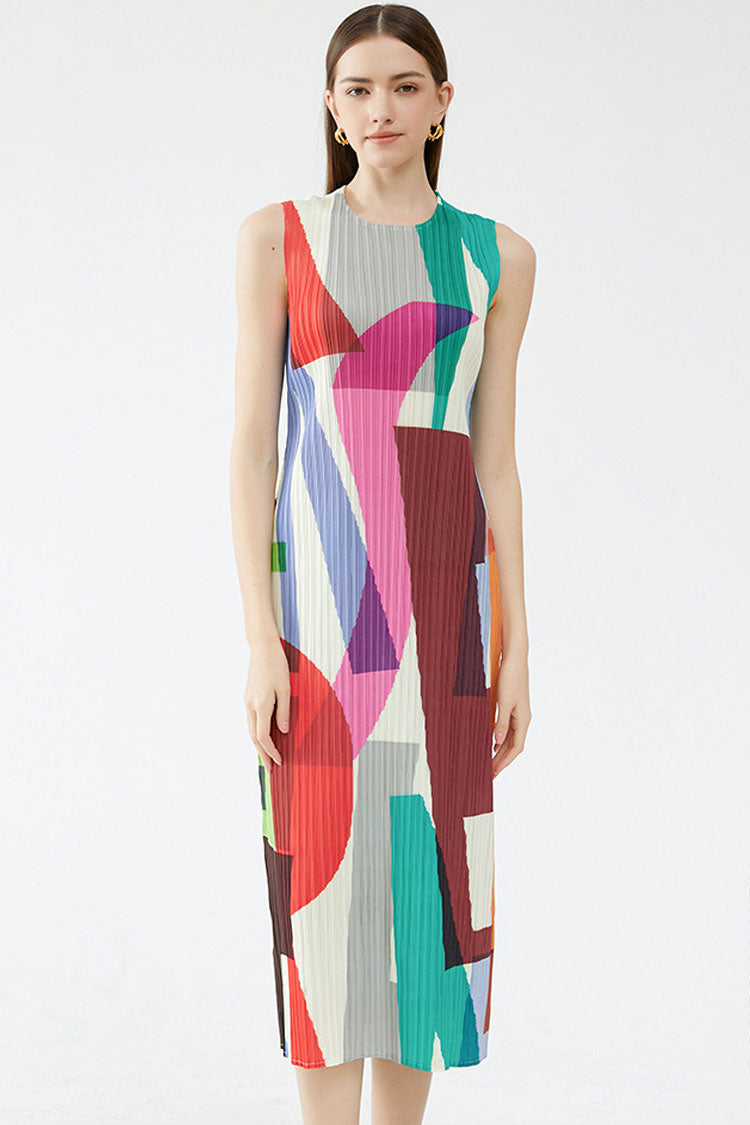 Geometric Print Plisse Crew Neck Sleeveless Column Midi Dress