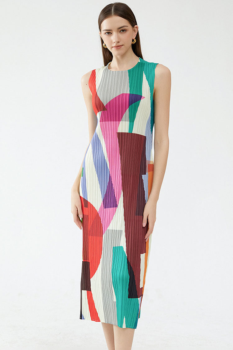 Geometric Print Plisse Crew Neck Sleeveless Column Midi Dress