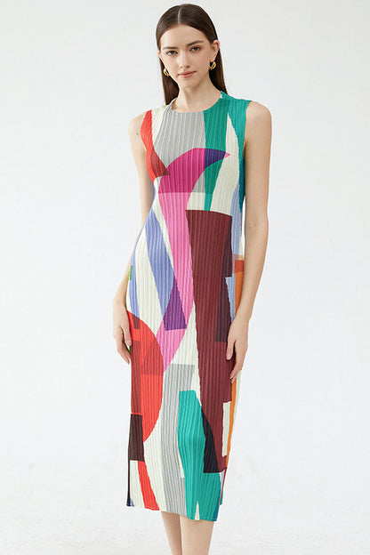 Geometric Print Plisse Crew Neck Sleeveless Column Midi Dress