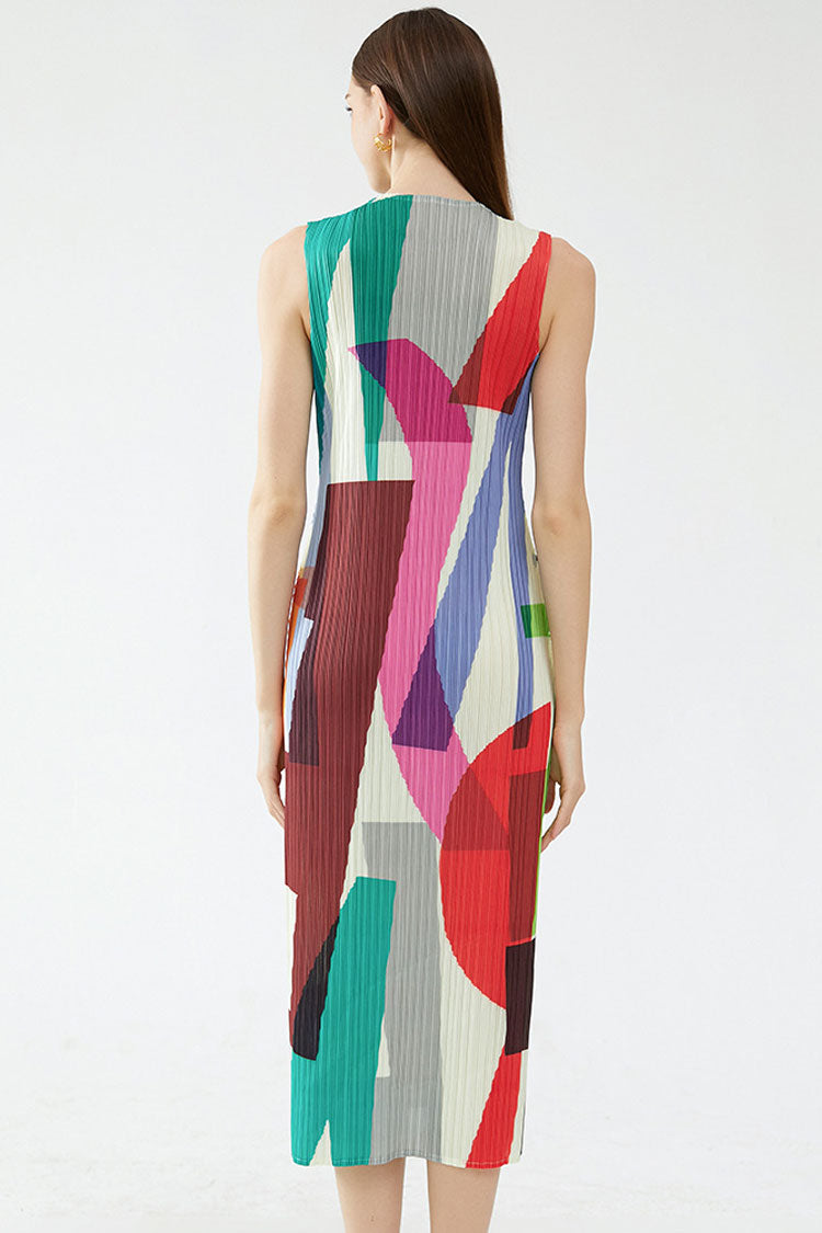 Geometric Print Plisse Crew Neck Sleeveless Column Midi Dress