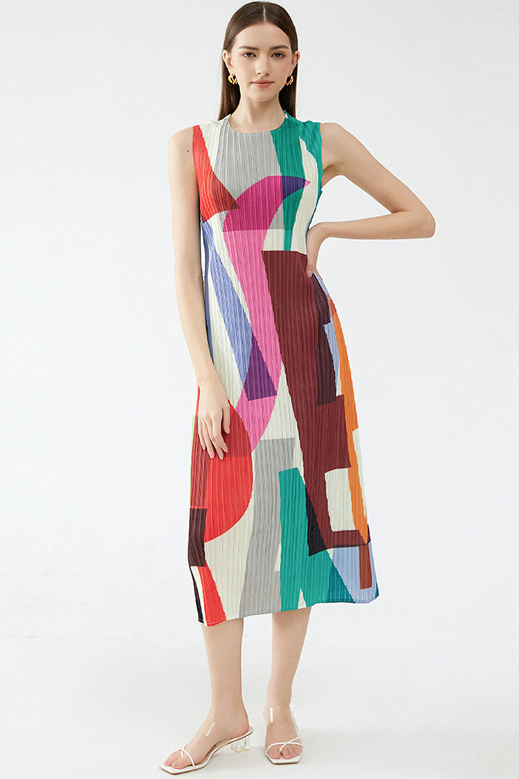 Geometric Print Plisse Crew Neck Sleeveless Column Midi Dress