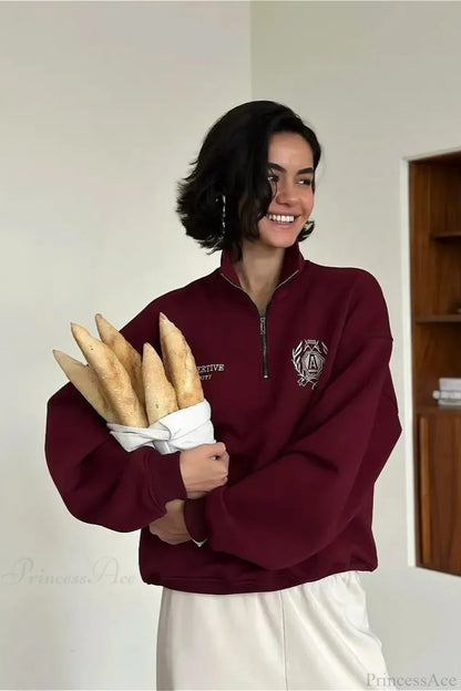 Relaxed Fleece-Lined Half-Zip Stand Collar Convertible Sweatshirts