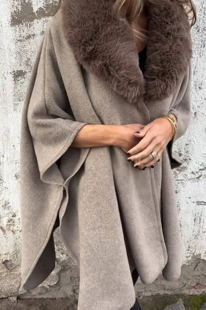 Relaxed Long Sleeve Wide Lapel Fur Collar Cape Overcoat