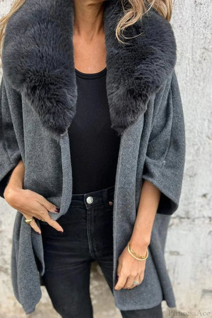 Relaxed Long Sleeve Wide Lapel Fur Collar Cape Overcoat