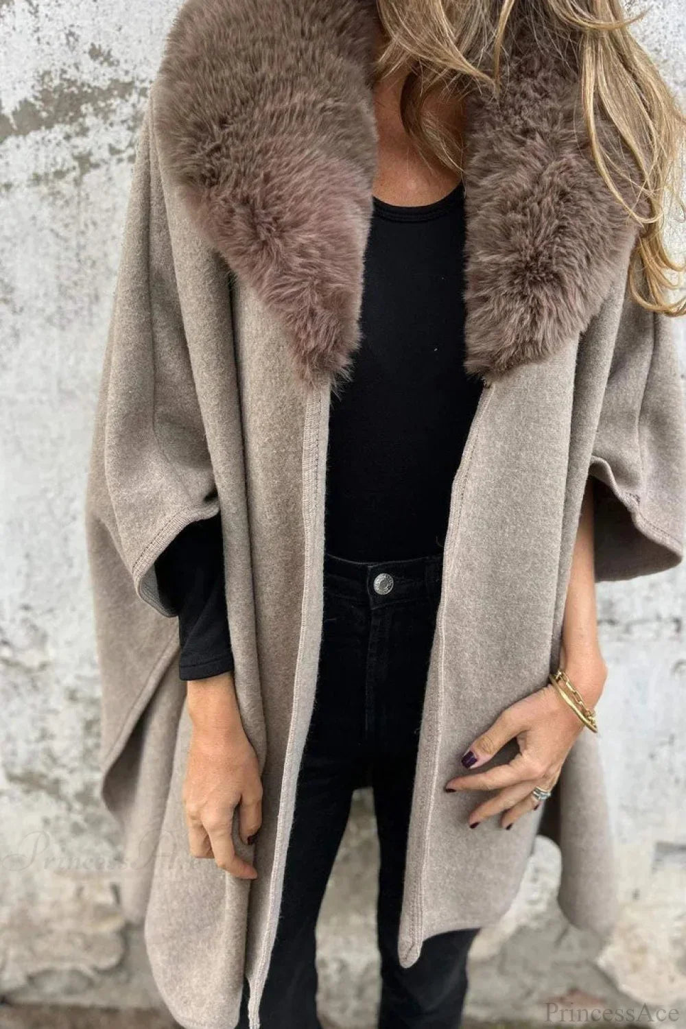 Relaxed Long Sleeve Wide Lapel Fur Collar Cape Overcoat