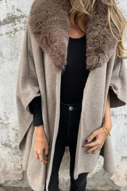 Relaxed Long Sleeve Wide Lapel Fur Collar Cape Overcoat