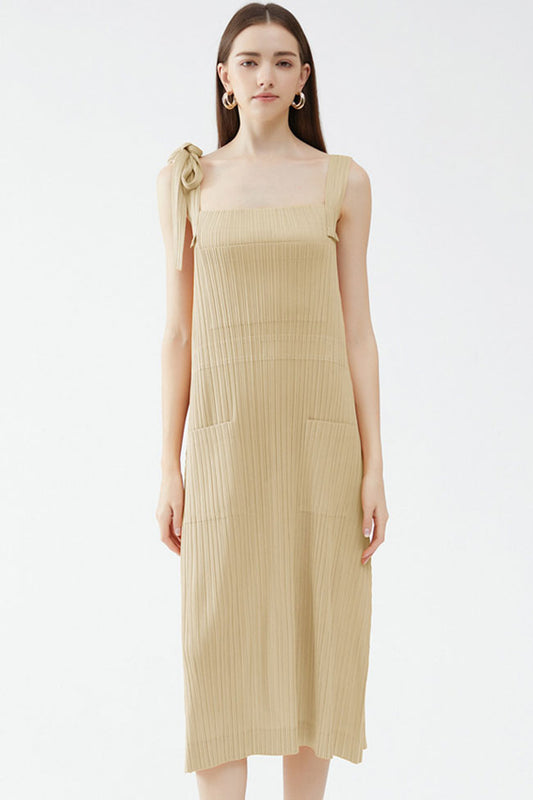 Square Neck Tie Shoulder Ribbed Patch Pocket Column Midi Dress