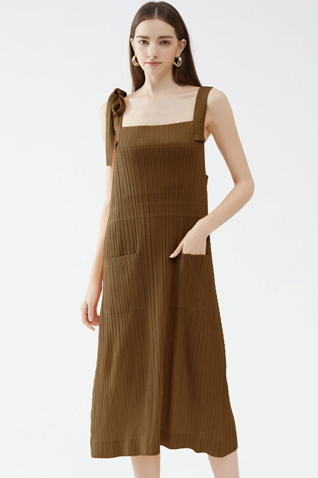 Square Neck Tie Strap Pocketed Pleated Midi Dress