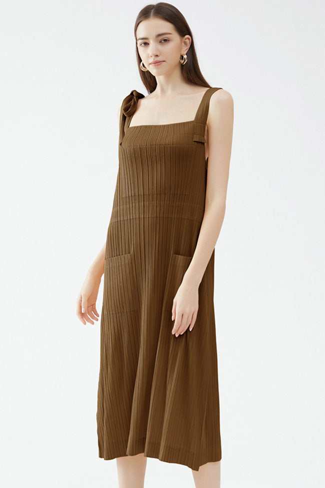 Square Neck Tie Strap Pocketed Pleated Midi Dress