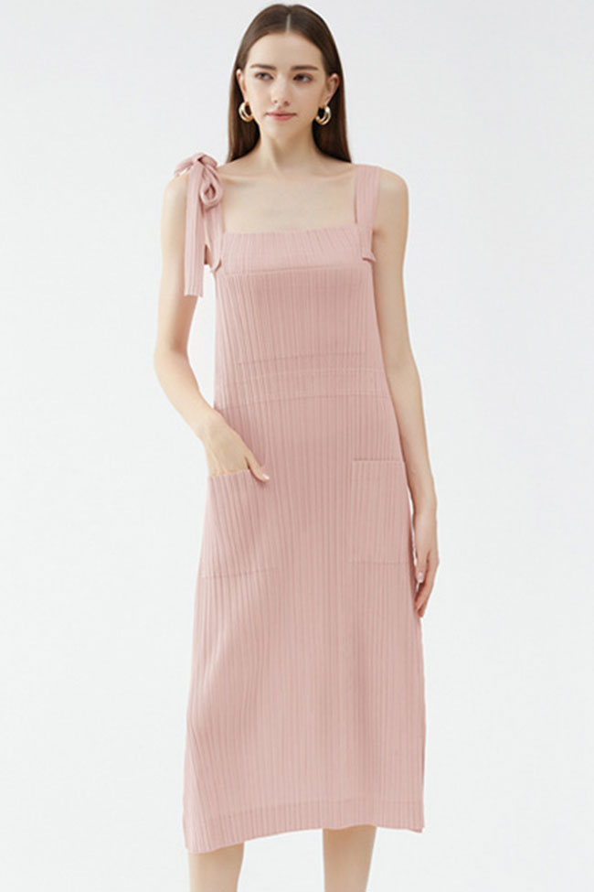Square Neck Tie Strap Pocketed Pleated Midi Dress