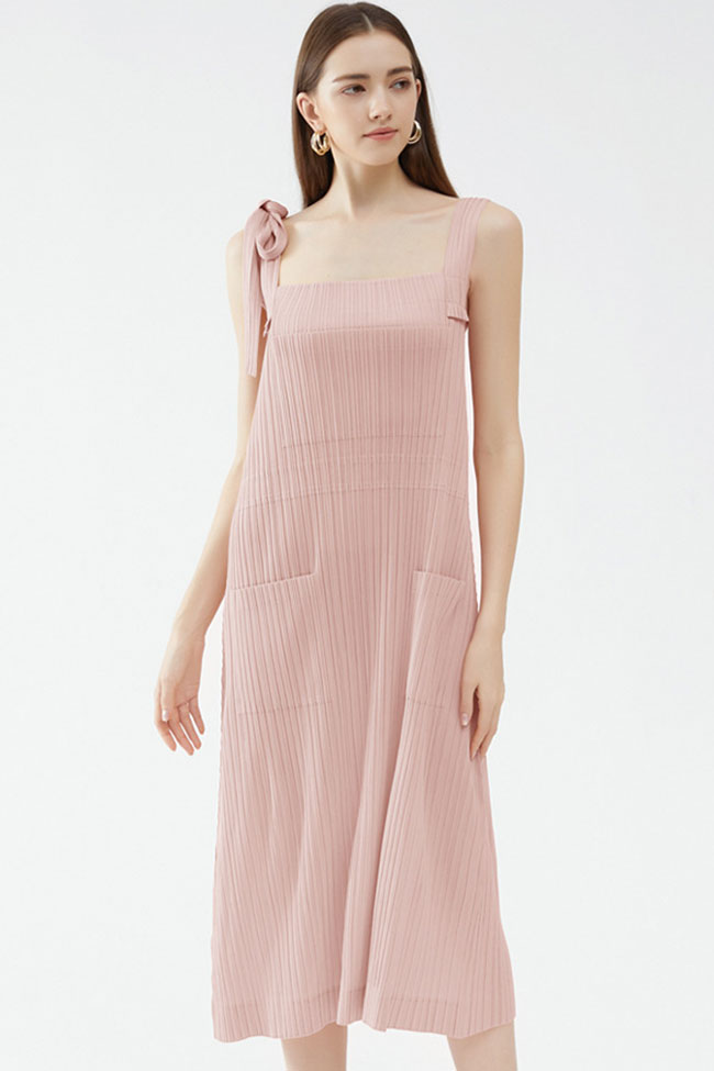 Square Neck Tie Strap Pocketed Pleated Midi Dress