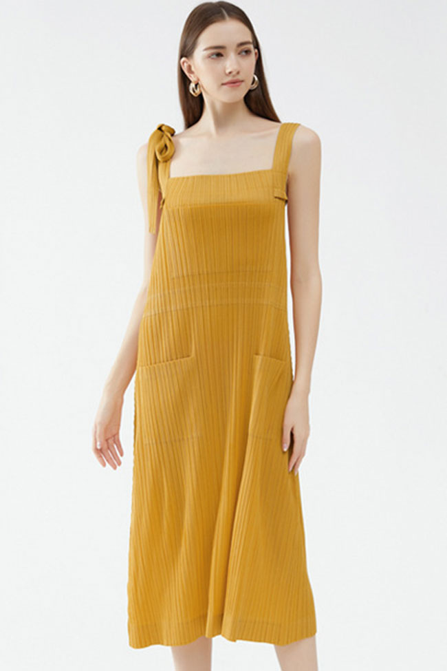 Square Neck Tie Strap Pocketed Pleated Midi Dress