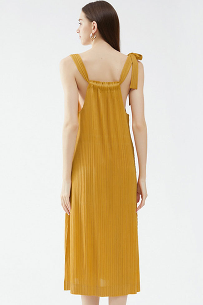 Square Neck Tie Strap Pocketed Pleated Midi Dress