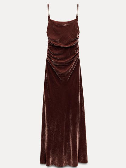 Velvet Spaghetti Strap Ruched Maxi Dress