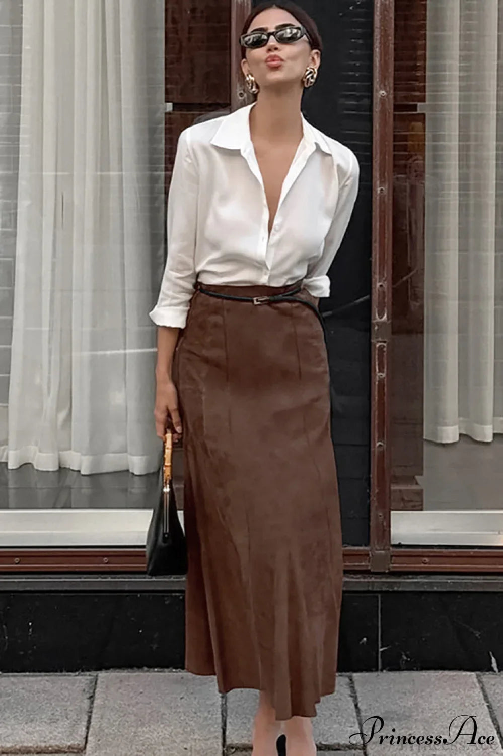 Retro Brown Suede High Waist Maxi Skirt