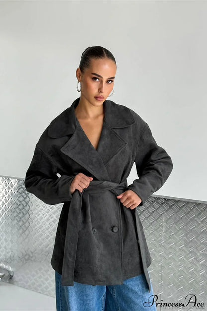Retro Brown Suede Jacket Tied Coat