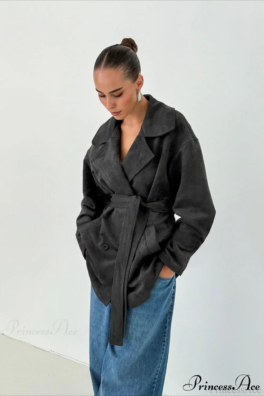 Retro Brown Suede Jacket Tied Coat