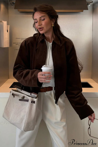 Retro Coffee Cotton Corduroy Zip Jacket