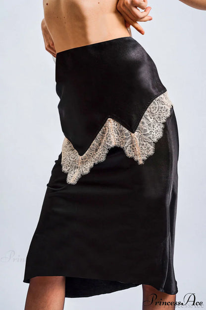 Retro Color Block Lace Panel Slim Skirt