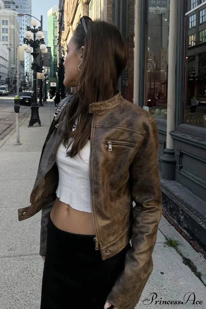 Retro Distressed Coffee Cropped Stand-Collar PU Jacket