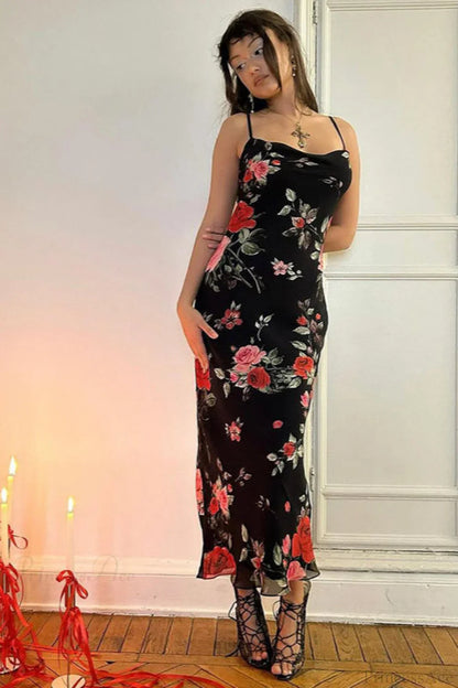 Retro Floral Cami Fitted Bodycon Maxi Dress