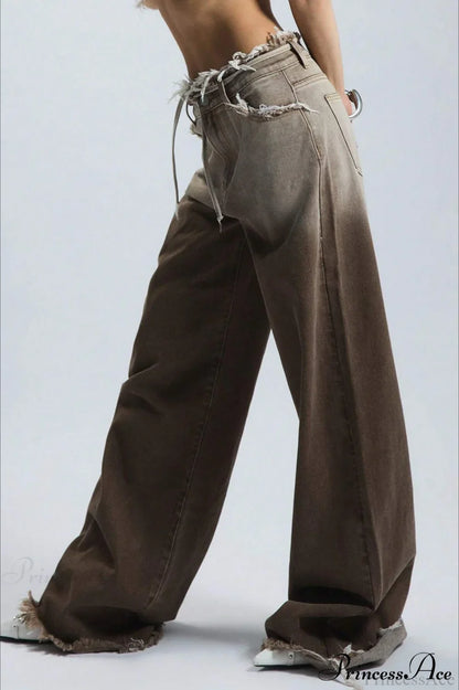 Retro Frayed Waist Ombre Straight Wide Leg Jeans