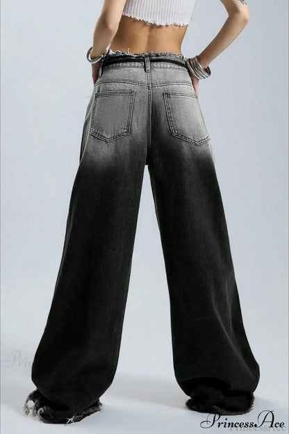 Retro Frayed Waist Ombre Straight Wide Leg Jeans