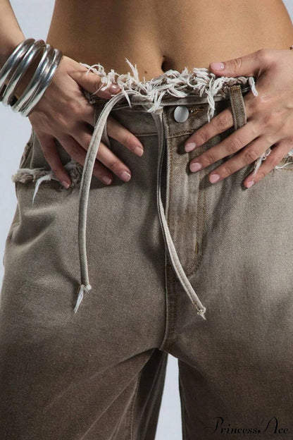 Retro Frayed Waist Ombre Straight Wide Leg Jeans