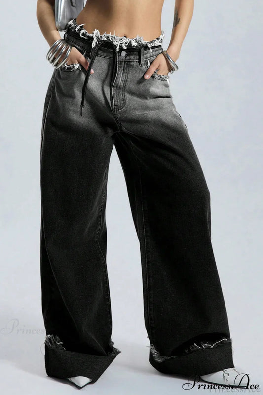 Retro Frayed Waist Ombre Straight Wide Leg Jeans