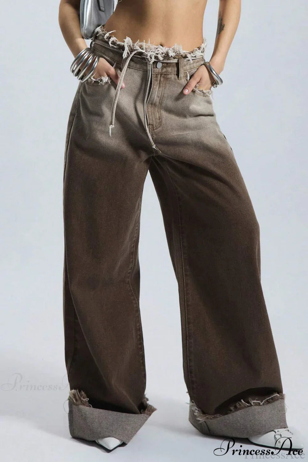Retro Frayed Waist Ombre Straight Wide Leg Jeans