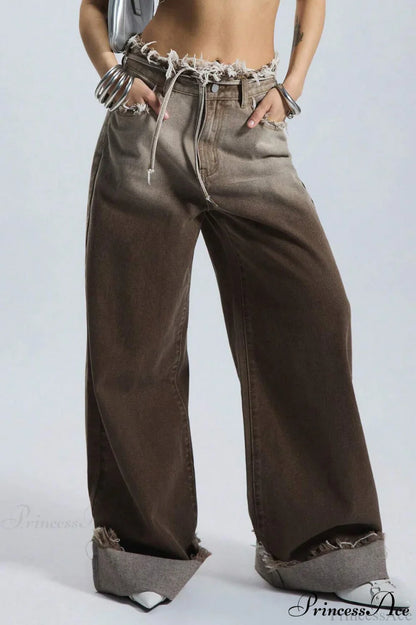 Retro Frayed Waist Ombre Straight Wide Leg Jeans