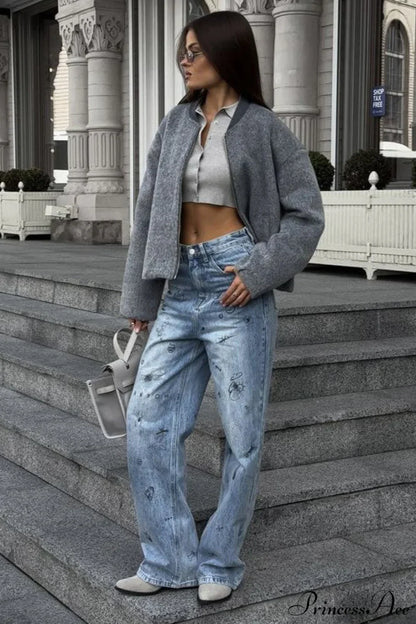 Retro High Waist Heart Graffiti Print Straight Jeans