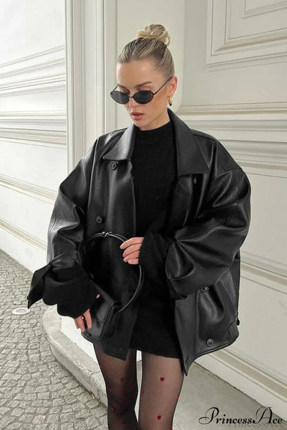Retro Leather Blazer Collar Elegant Coat
