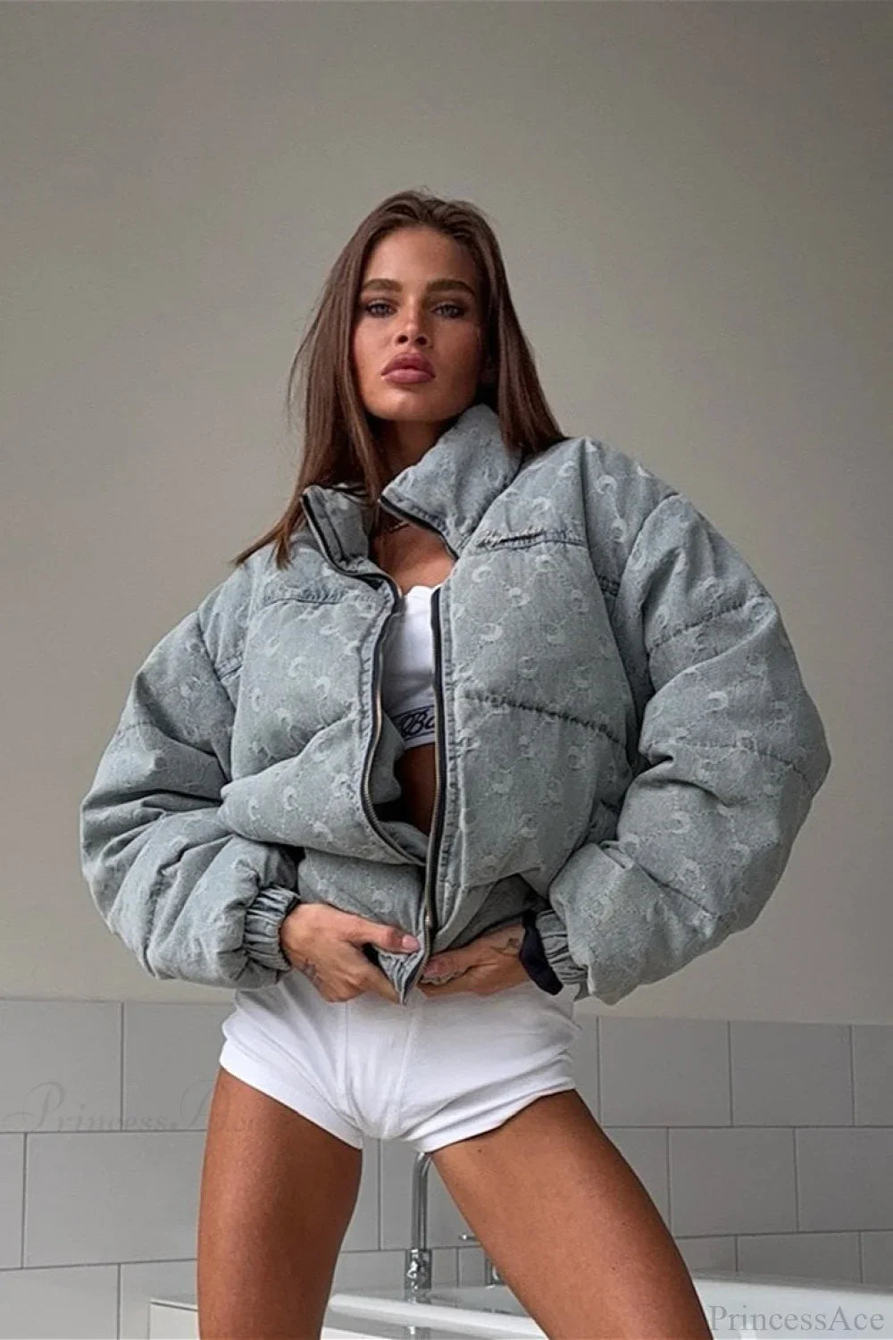 Retro Moon Print Denim Stand Collar Coat