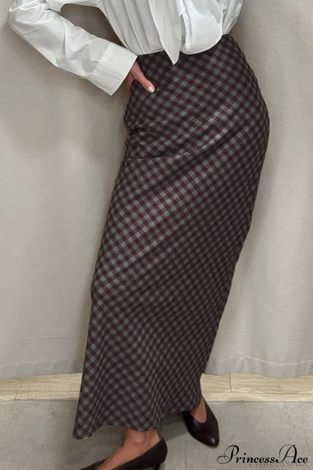 Retro Plaid Cotton Maxi Straight Skirt