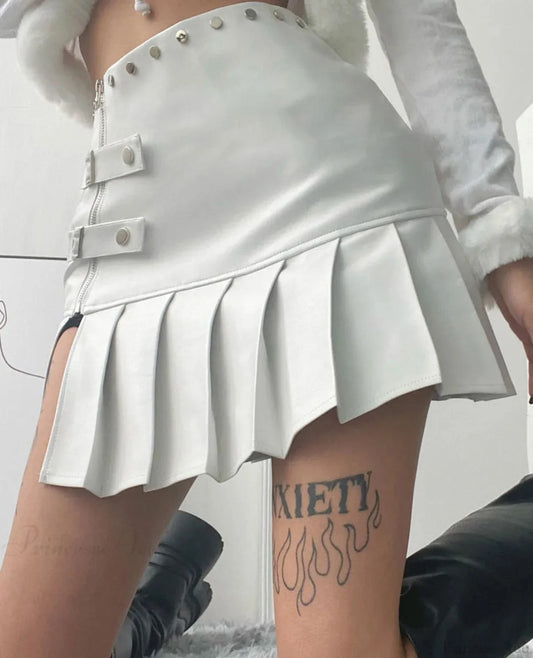 Retro PU Leather Pleated Mini Skirt