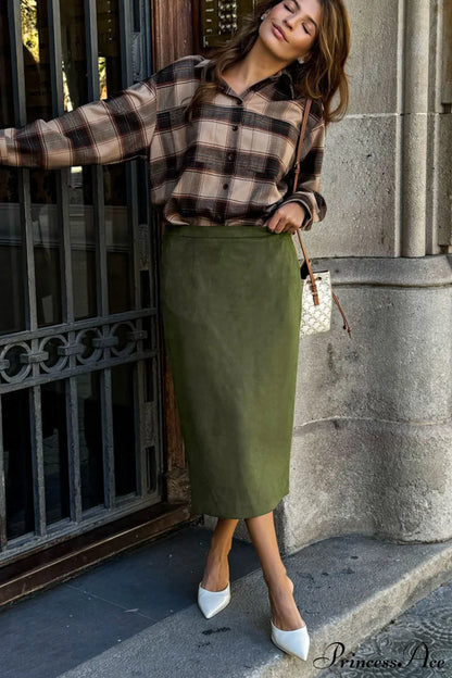 Retro Suede Straight Green Skirt