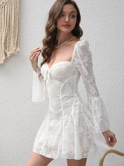 Nesa Lace Boning Corset Bell Sleevees Short Dress