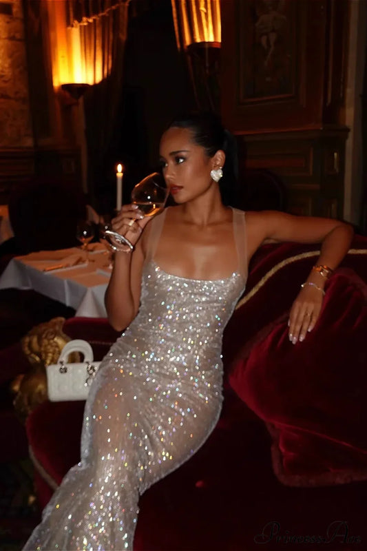 Rhinestone Low Neck Maxi Bodycon Party Dress