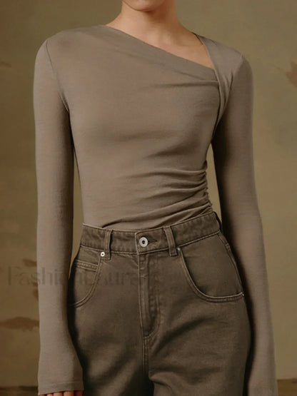 Ribbed Knit Long Sleeve Asymmetric Shirt