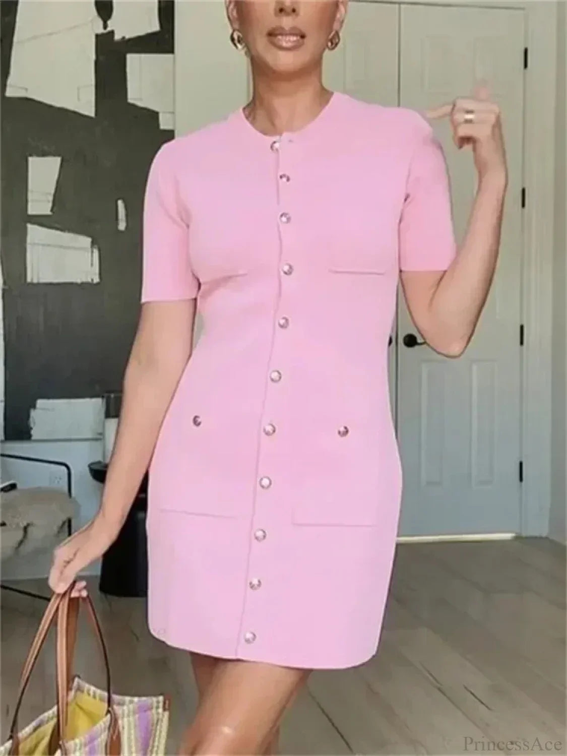 Ribbed Knit Button Front Patch Pocket Mini Dress