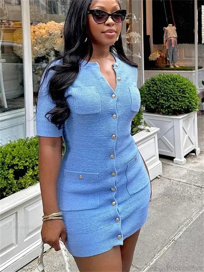 Ribbed Knit Button Front Patch Pocket Mini Dress