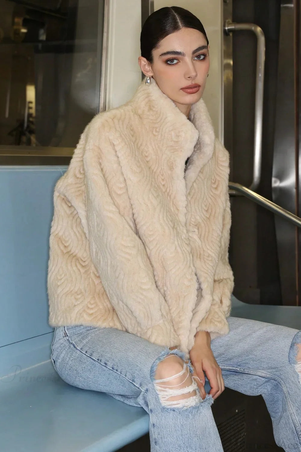 Ribbed Turtleneck Thickened Faux Fur Coat