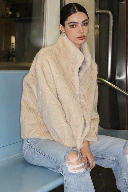 Ribbed Turtleneck Thickened Faux Fur Coat