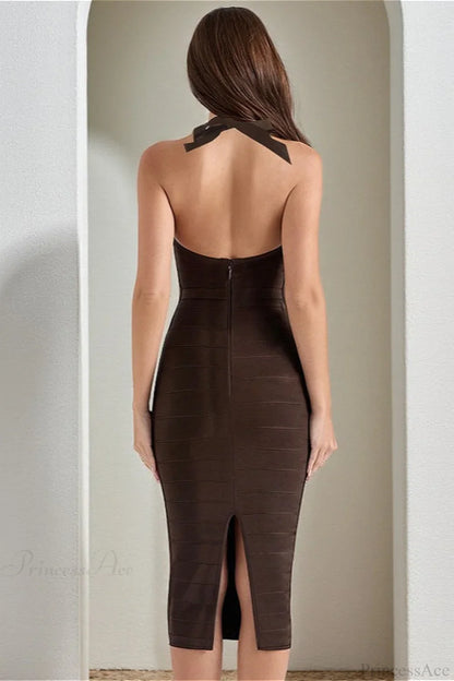 Ribbed Wide Knit Halter Fitted Maxi Dress