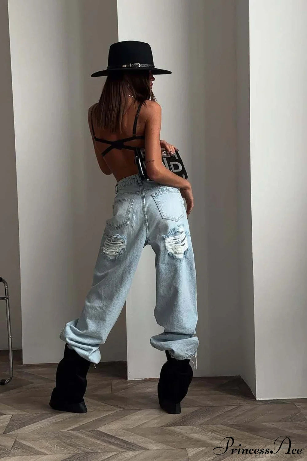 Ripped Vintage Straight Wide-Leg Ankle-Length Jeans