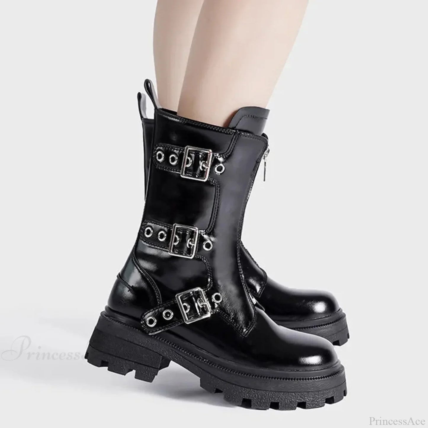 Rivet Strap Clunky Heeled Dark Motorcycle Boot