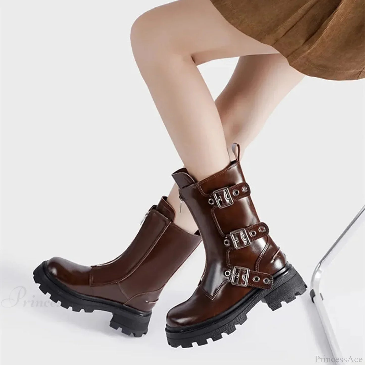 Rivet Strap Clunky Heeled Dark Motorcycle Boot